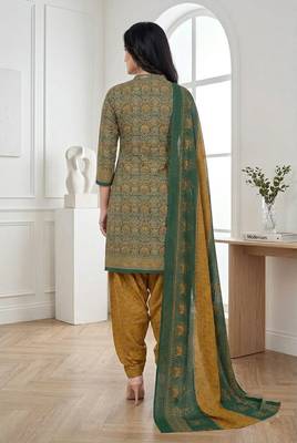 Green printed cotton blend stitched ethnic motifs print salwar kurta dupatta for women 3