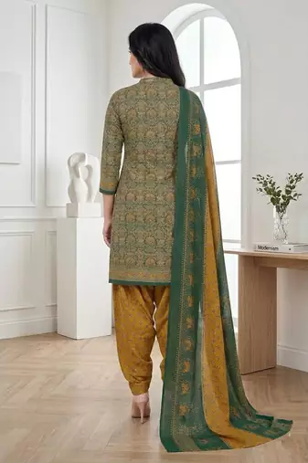 Green printed cotton blend stitched ethnic motifs print salwar kurta dupatta for women