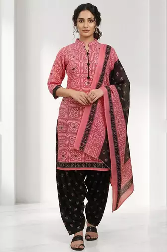 Pink printed cotton blend stitched bandhani print salwar kurta dupatta for women