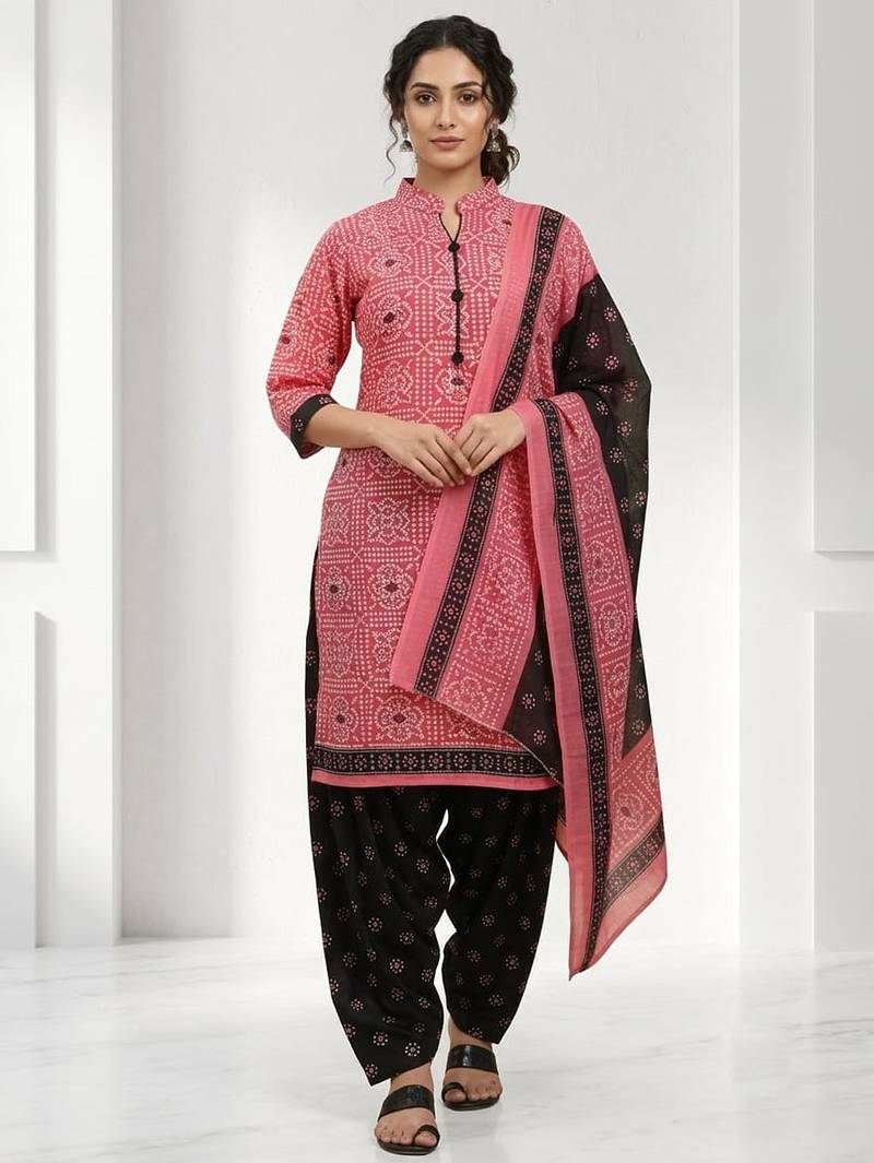 Pink printed cotton blend stitched bandhani print salwar kurta dupatta for women
