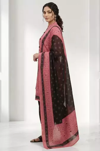 Pink printed cotton blend stitched bandhani print salwar kurta dupatta for women