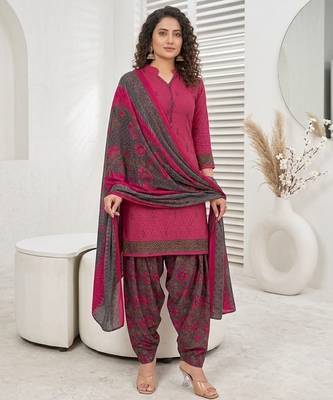 Pink printed cotton blend stitched geometric print salwar kurta dupatta for women 1