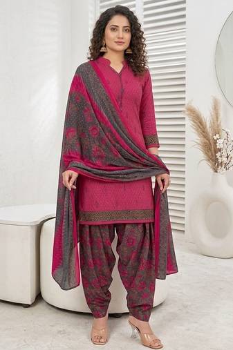 Pink printed cotton blend stitched geometric print salwar kurta dupatta for women