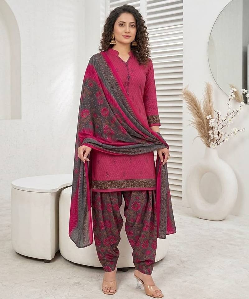 Pink printed cotton blend stitched geometric print salwar kurta dupatta for women