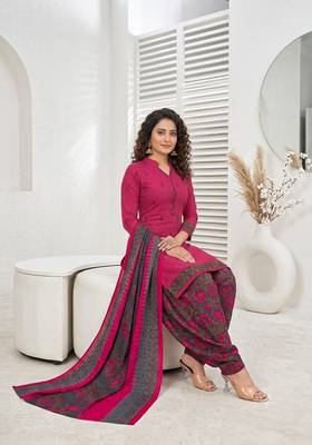 Pink printed cotton blend stitched geometric print salwar kurta dupatta for women 2
