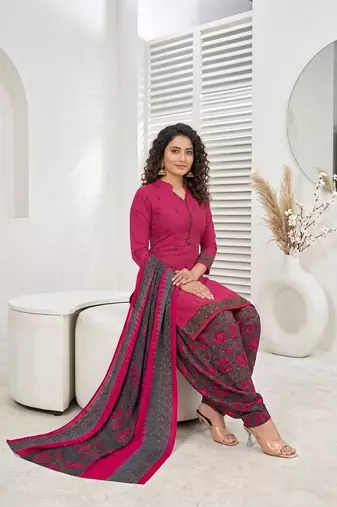 Pink printed cotton blend stitched geometric print salwar kurta dupatta for women