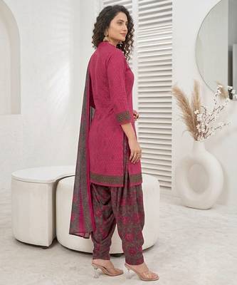 Pink printed cotton blend stitched geometric print salwar kurta dupatta for women 3