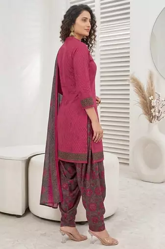 Pink printed cotton blend stitched geometric print salwar kurta dupatta for women