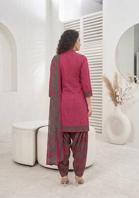 Pink printed cotton blend stitched geometric print salwar kurta dupatta for women 4