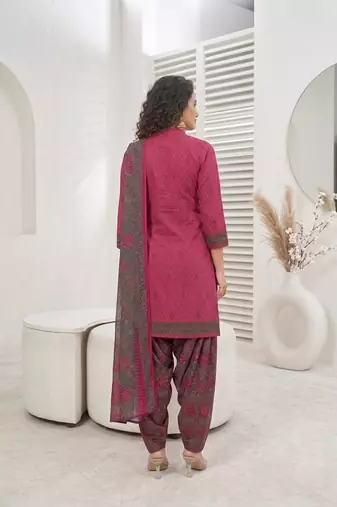 Pink printed cotton blend stitched geometric print salwar kurta dupatta for women
