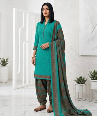 Teal printed cotton blend stitched geometric print salwar kurta dupatta for women 1
