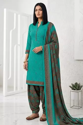 Teal printed cotton blend stitched geometric print salwar kurta dupatta for women