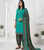 Teal printed cotton blend stitched geometric print salwar kurta dupatta for women