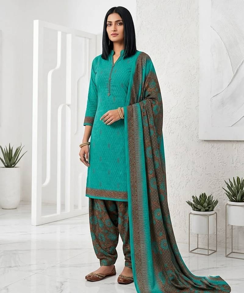 Teal printed cotton blend stitched geometric print salwar kurta dupatta for women