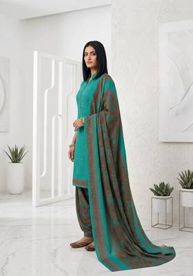 Teal printed cotton blend stitched geometric print salwar kurta dupatta for women 2