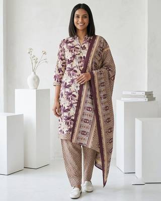 Purple printed cotton blend stitched floral print salwar kurta dupatta for women 1