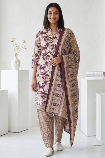 Purple printed cotton blend stitched floral print salwar kurta dupatta for women
