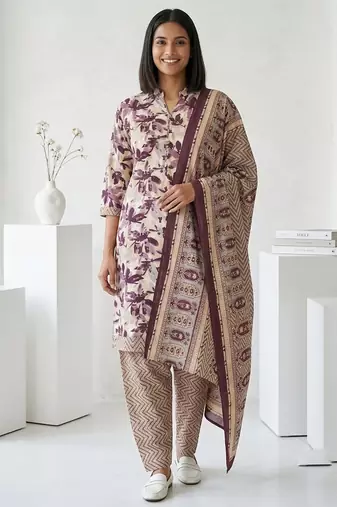 Purple printed cotton blend stitched floral print salwar kurta dupatta for women