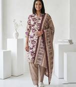 Purple printed cotton blend stitched floral print salwar kurta dupatta for women
