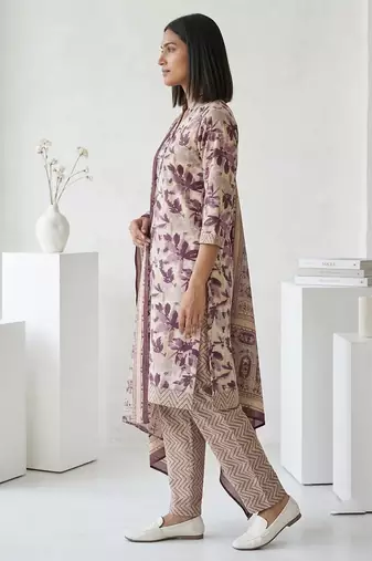 Purple printed cotton blend stitched floral print salwar kurta dupatta for women