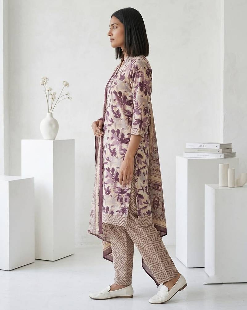 Purple printed cotton blend stitched floral print salwar kurta dupatta for women