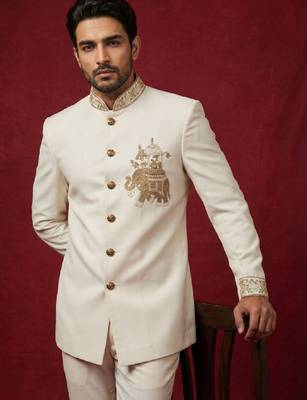 Embroidered mandarin collar jodhpuri suits 1