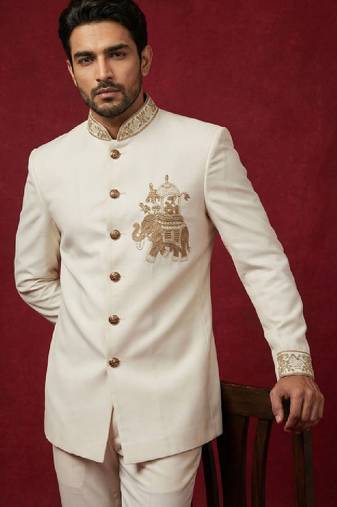 Embroidered mandarin collar jodhpuri suits