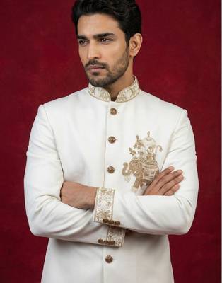 Embroidered mandarin collar jodhpuri suits 2