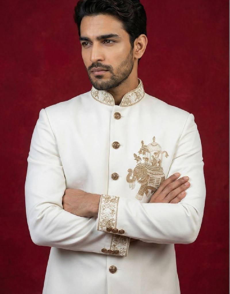 Embroidered mandarin collar jodhpuri suits