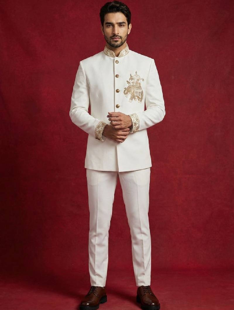 Embroidered mandarin collar jodhpuri suits