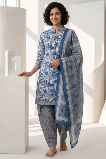 Blue printed cotton blend stitched floral print salwar kurta dupatta for women