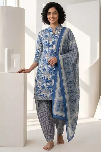 Blue printed cotton blend stitched floral print salwar kurta dupatta for women