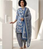 Blue printed cotton blend stitched floral print salwar kurta dupatta for women