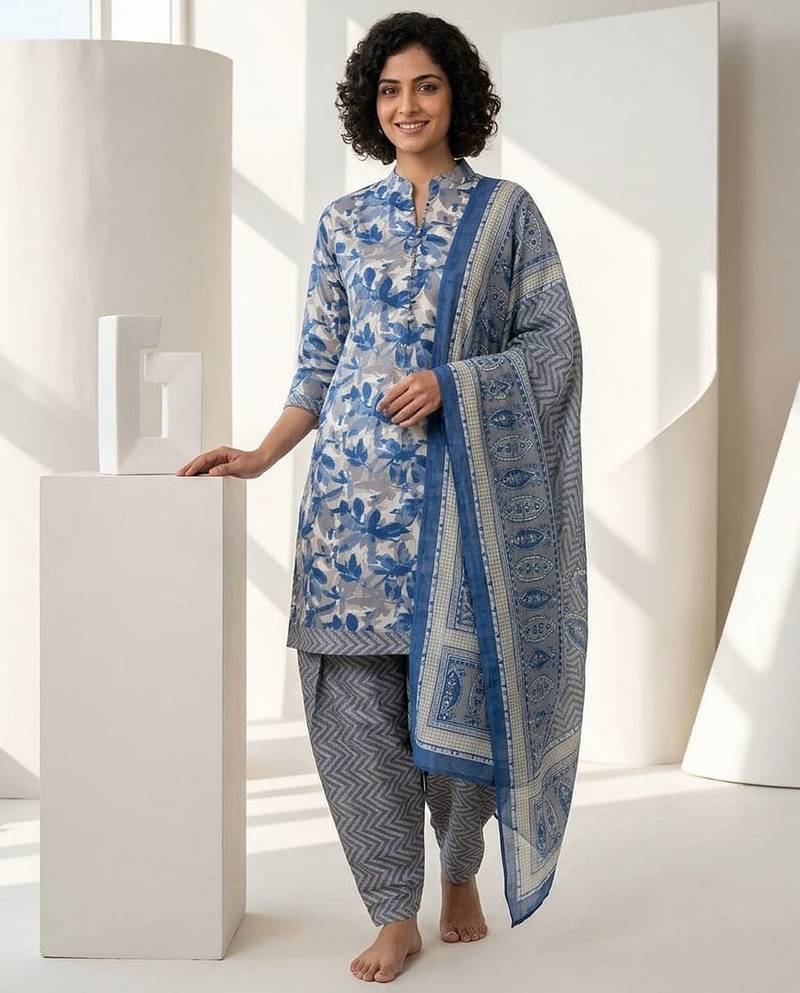 Blue printed cotton blend stitched floral print salwar kurta dupatta for women