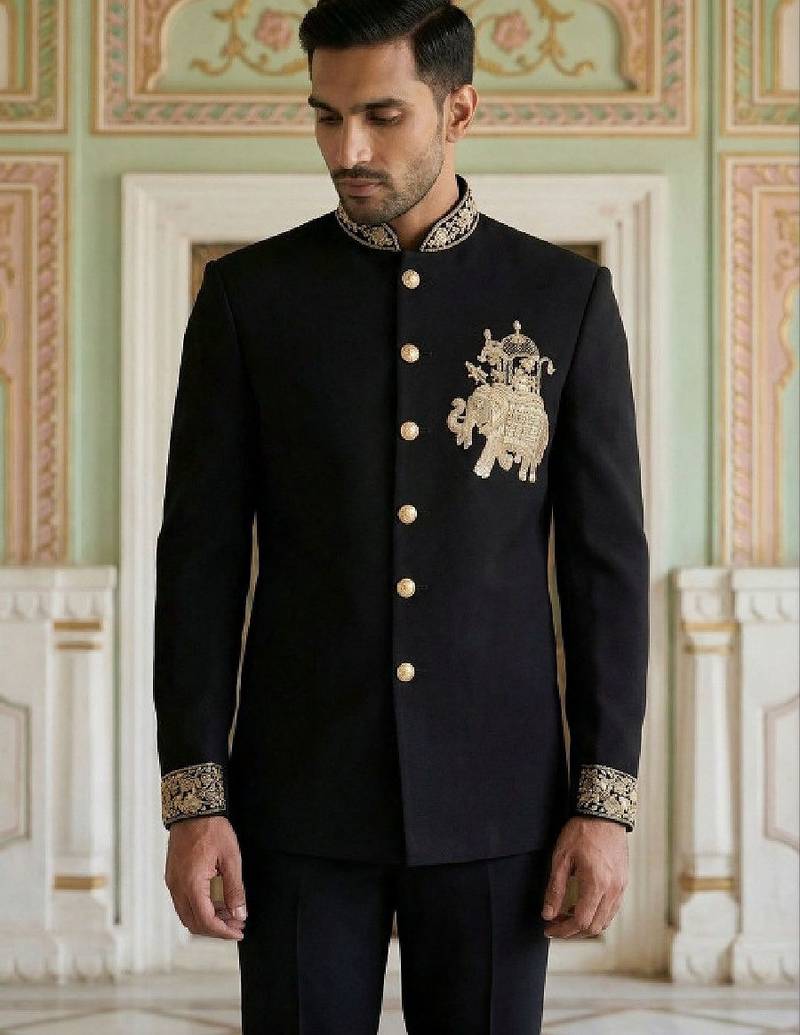 Embroidered mandarin collar jodhpuri suits