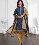 Blue printed cotton blend stitched bandhani print salwar kurta dupatta for women