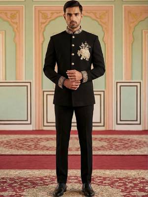 Embroidered mandarin collar jodhpuri suits 2