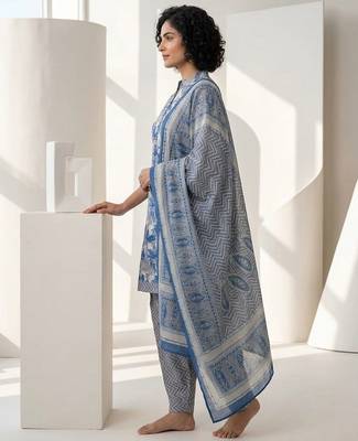 Blue printed cotton blend stitched floral print salwar kurta dupatta for women 2