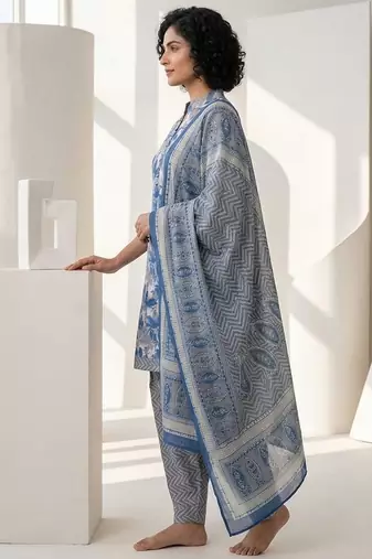 Blue printed cotton blend stitched floral print salwar kurta dupatta for women