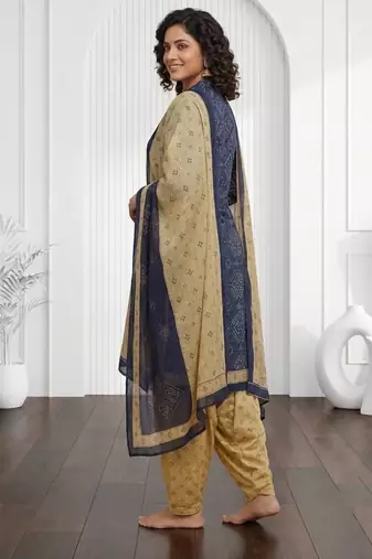 Blue printed cotton blend stitched bandhani print salwar kurta dupatta for women
