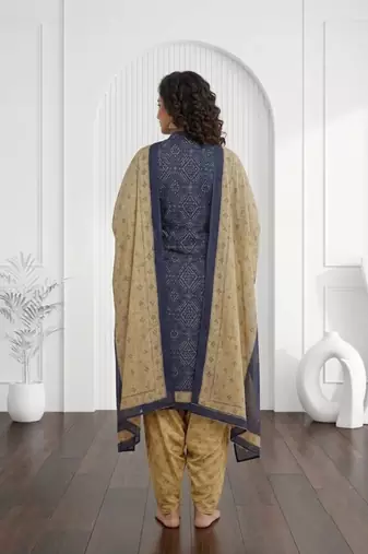 Blue printed cotton blend stitched bandhani print salwar kurta dupatta for women