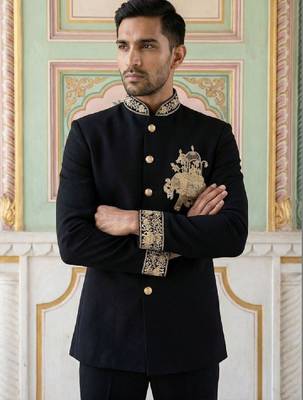 Embroidered mandarin collar jodhpuri suits 4