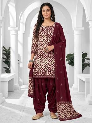Maroon printed cotton blend stitched geometric print salwar kurta dupatta for women 4