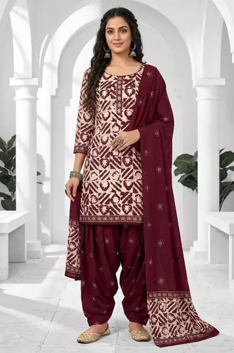 Maroon printed cotton blend stitched geometric print salwar kurta dupatta for women