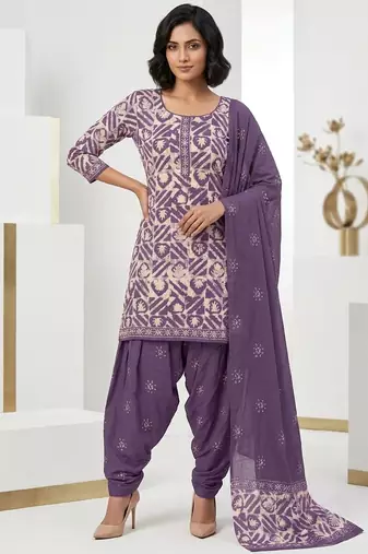 Purple printed cotton blend stitched geometric print salwar kurta dupatta for women