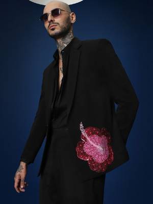 Hibiscus 3 peace black hand embroidered tuxedo shirt with pant 1