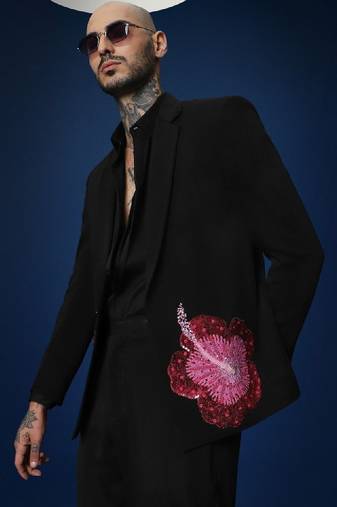 Hibiscus 3 peace black hand embroidered tuxedo shirt with pant