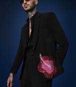 Hibiscus 3 peace black hand embroidered tuxedo shirt with pant