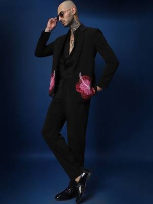 Hibiscus 3 peace black hand embroidered tuxedo shirt with pant 2