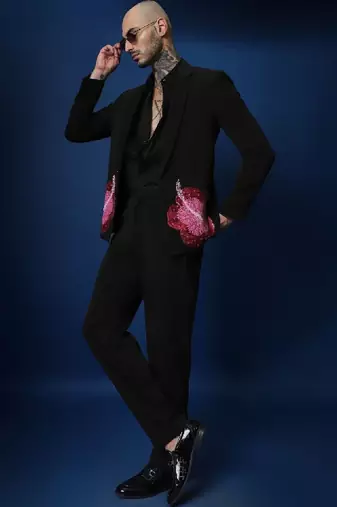 Hibiscus 3 peace black hand embroidered tuxedo shirt with pant